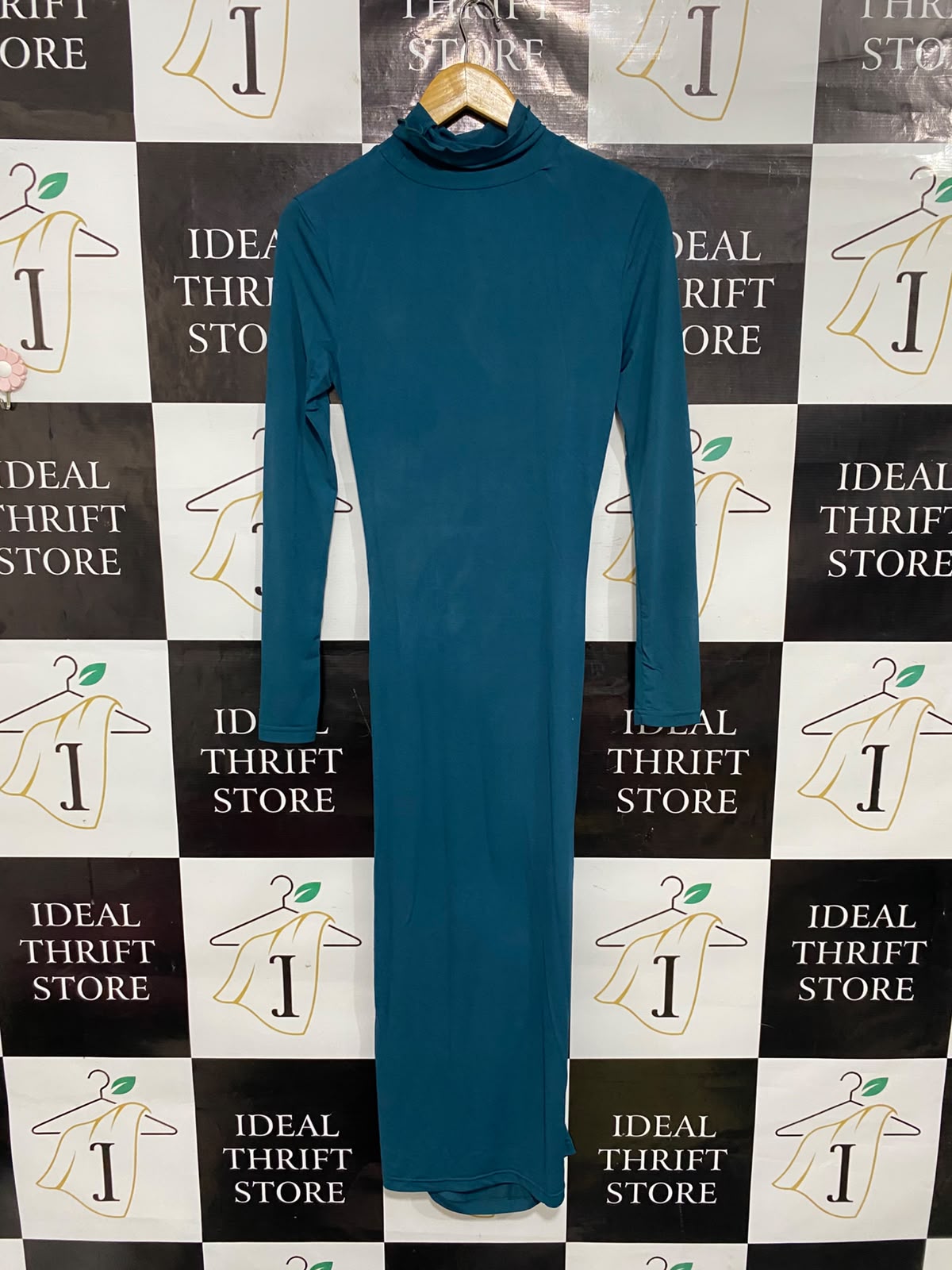 SHEIN |M| BUST 14| A37| TEAL MOCK NECK RUFFLED SLINKY MIDI DRESS