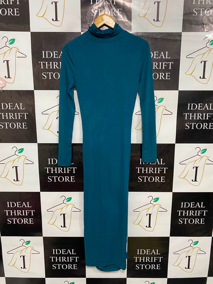 SHEIN |M| BUST 14| A37| TEAL MOCK NECK RUFFLED SLINKY MIDI DRESS
