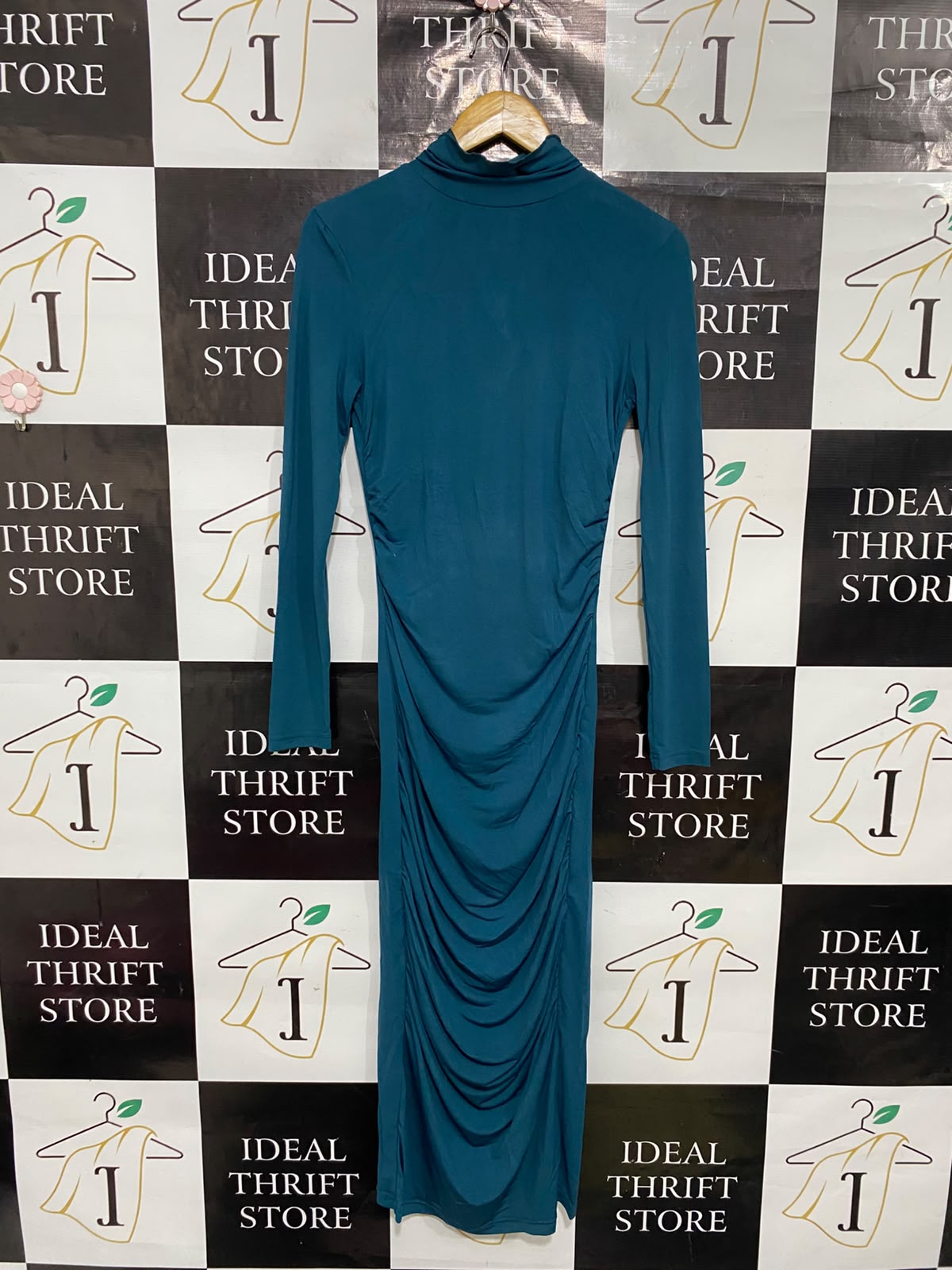 SHEIN |M| BUST 14| A37| TEAL MOCK NECK RUFFLED SLINKY MIDI DRESS