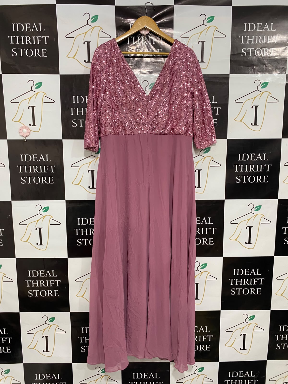 EVER PRETTY |XL| BUST 20| A37| MAUVE SEQUIN BODICE V-NECK EVENING GOWN