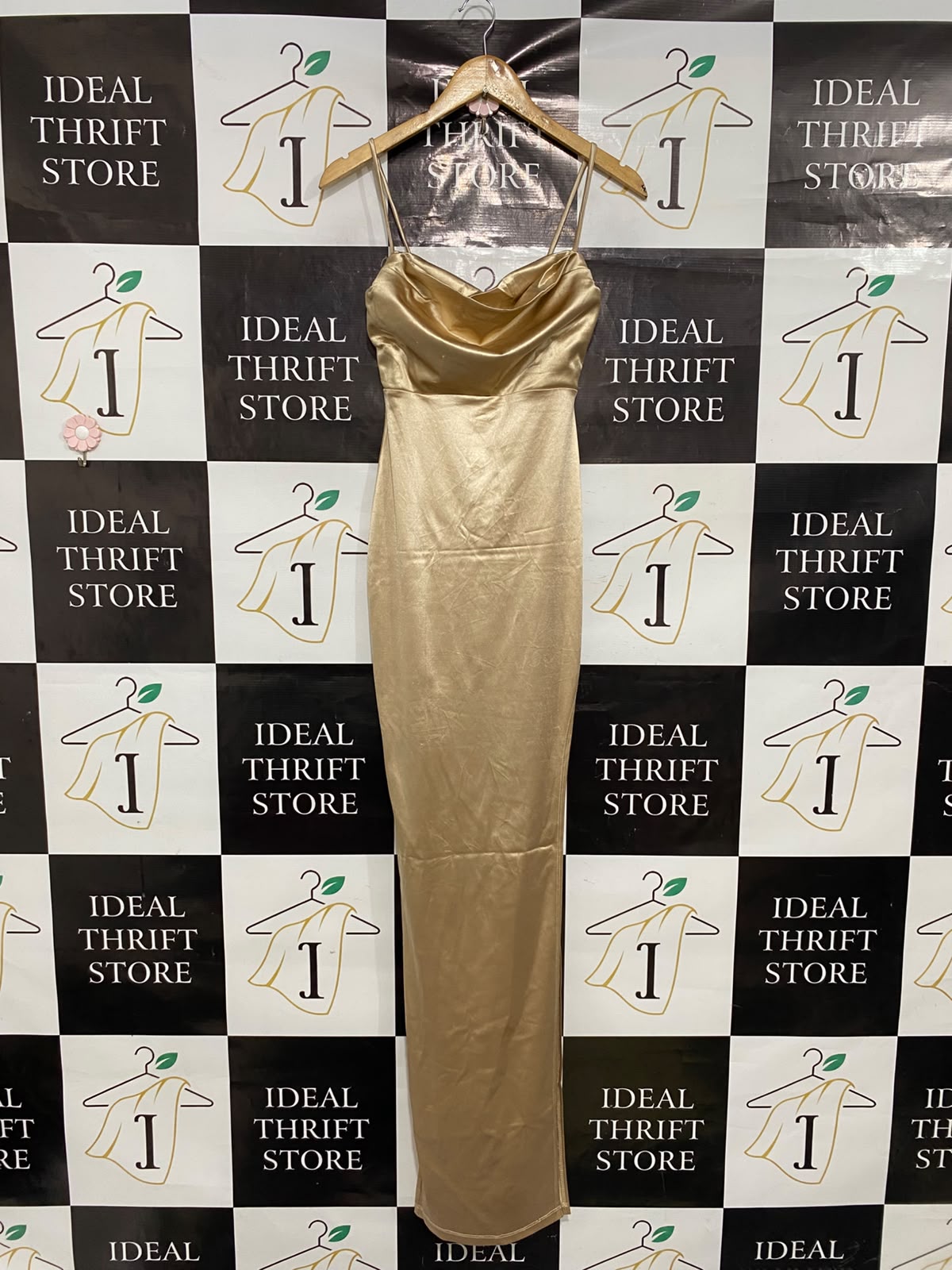 WINDSOR |XS| BUST 13| A37| GOLD SATIN COWL NECK SLIP EVENING GOWN