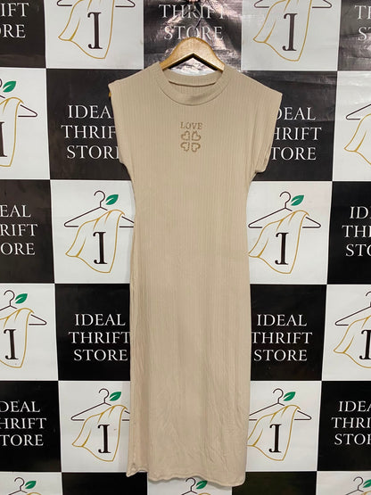 |S| BUST 14| A37| BEIGE RIBBED "LOVE" RHINESTONE ACCENT MIDI DRESS