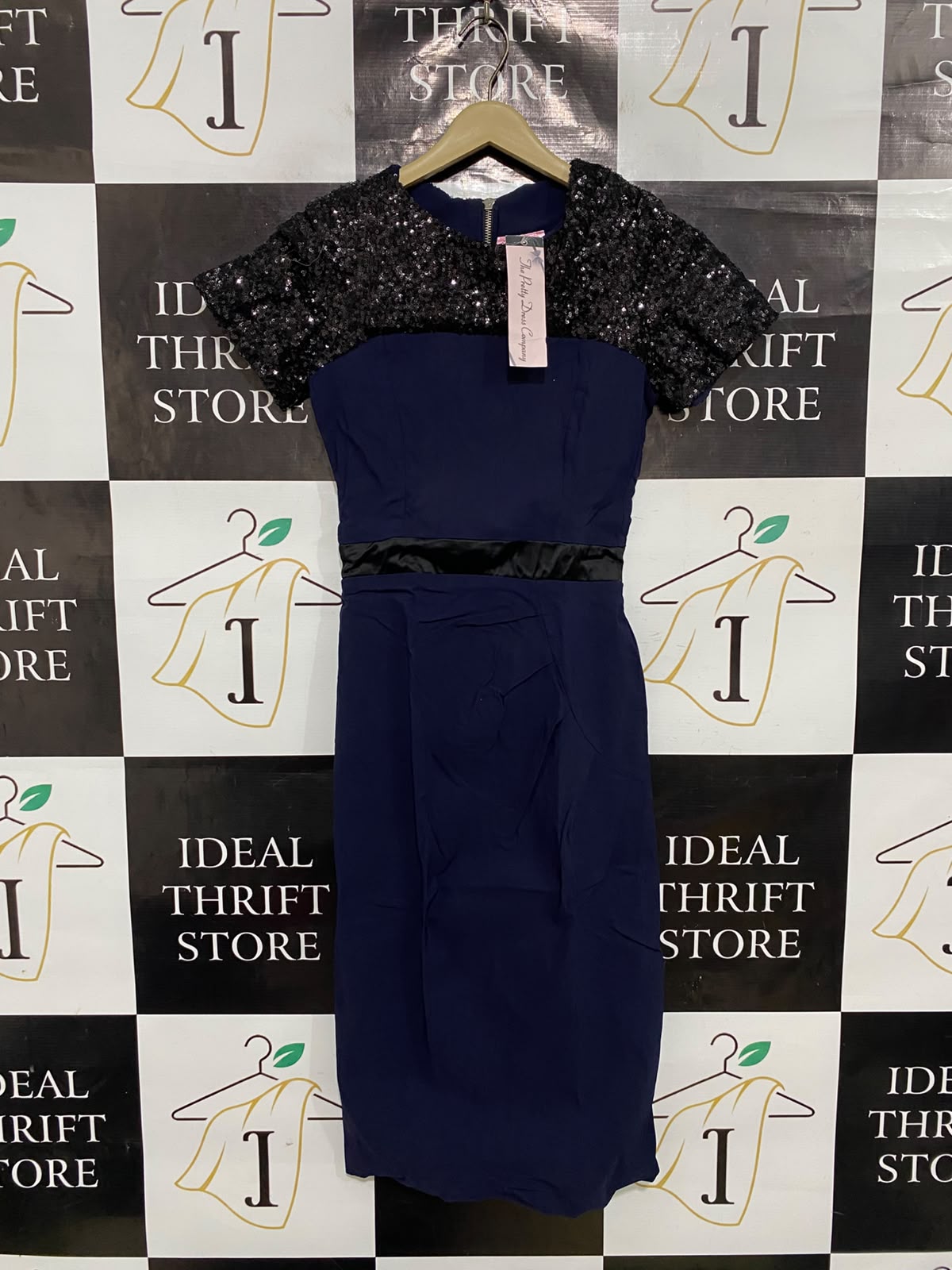 THE PRETTY DRESS |S| BUST 14| A37| NAVY BLUE & BLACK SEQUIN SHOULDER PENCIL DRESS