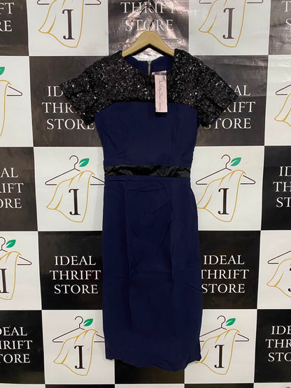 THE PRETTY DRESS |S| BUST 14| A37| NAVY BLUE & BLACK SEQUIN SHOULDER PENCIL DRESS