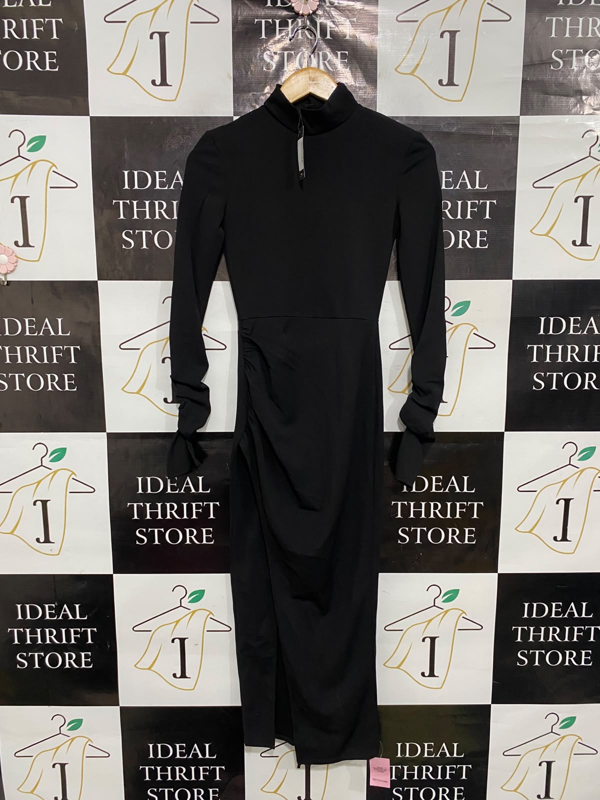 PRETTYLITTLE THING |S| BUST 13| A37| BLACK MOCK NECK RUCHED SLIT MIDI DRESS