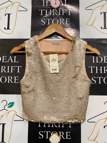 MISS SELFIDGE |S| BUST 15| A37| CHAMPAGNE & SILVER SEQUIN EMBELLISHED CROP TOP