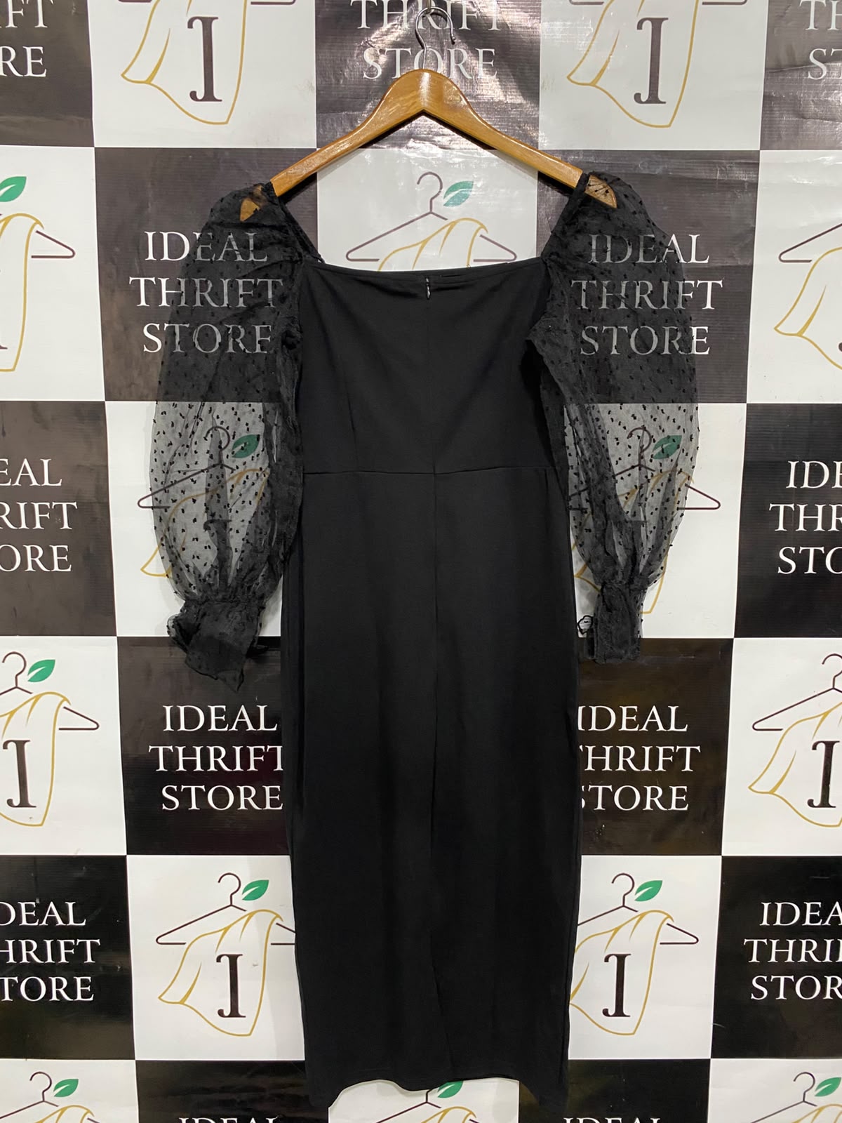 SHEIN |L| BUST 15| A37| BLACK MIDI DRESS WITH SHEER POLKA-DOT PUFF SLEEVES