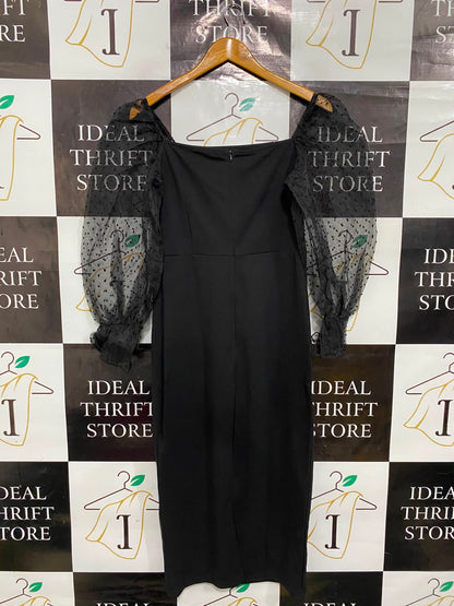 SHEIN |L| BUST 15| A37| BLACK MIDI DRESS WITH SHEER POLKA-DOT PUFF SLEEVES