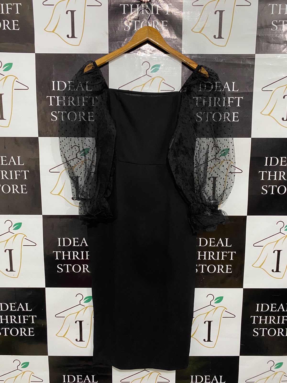 SHEIN |L| BUST 15| A37| BLACK MIDI DRESS WITH SHEER POLKA-DOT PUFF SLEEVES