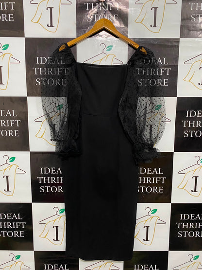 SHEIN |L| BUST 15| A37| BLACK MIDI DRESS WITH SHEER POLKA-DOT PUFF SLEEVES
