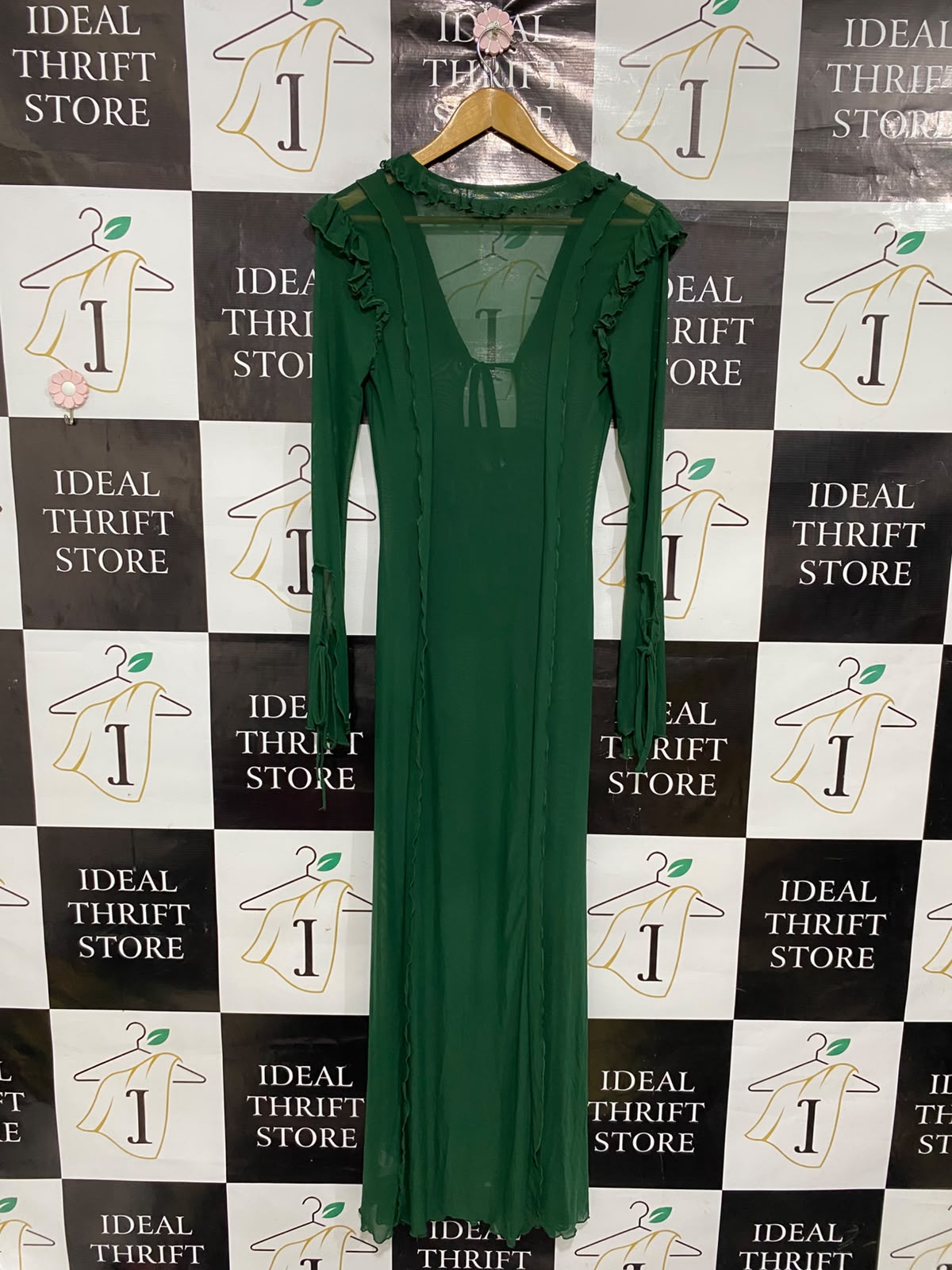 SHEIN |XS| BUST 15| A37| EMERALD GREEN RUFFLE-TRIM MESH TIE-FRONT MIDI DRESS