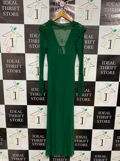 SHEIN |XS| BUST 15| A37| EMERALD GREEN RUFFLE-TRIM MESH TIE-FRONT MIDI DRESS