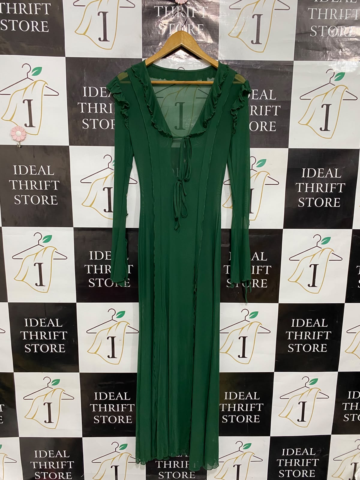 SHEIN |XS| BUST 15| A37| EMERALD GREEN RUFFLE-TRIM MESH TIE-FRONT MIDI DRESS