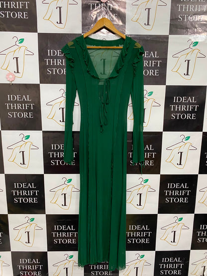 SHEIN |XS| BUST 15| A37| EMERALD GREEN RUFFLE-TRIM MESH TIE-FRONT MIDI DRESS
