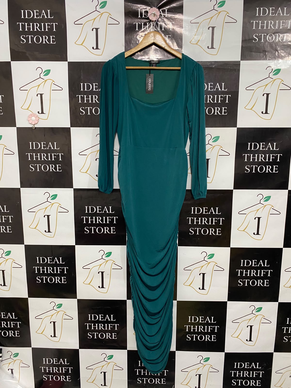BOOHOO |M| BUST 17| A37| EMERALD GREEN SQUARE NECK RUCHED MAXI DRESS