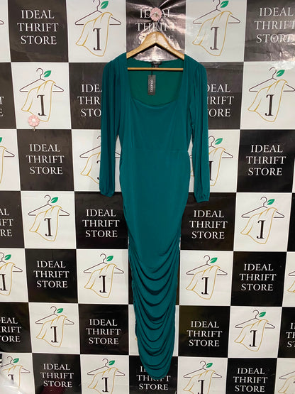BOOHOO |M| BUST 17| A37| EMERALD GREEN SQUARE NECK RUCHED MAXI DRESS