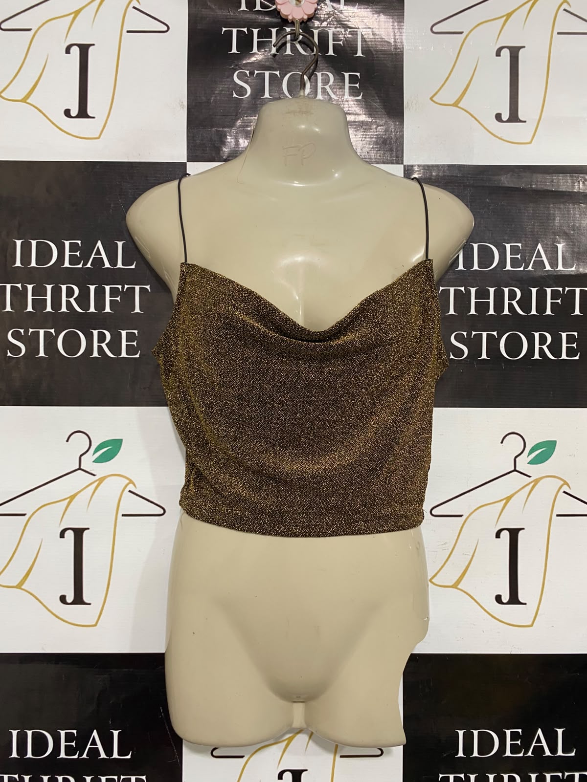 H&M |S| BUST 16| A37| BRONZE GLITTER COWL NECK SPAGHETTI STRAP CROP TOP