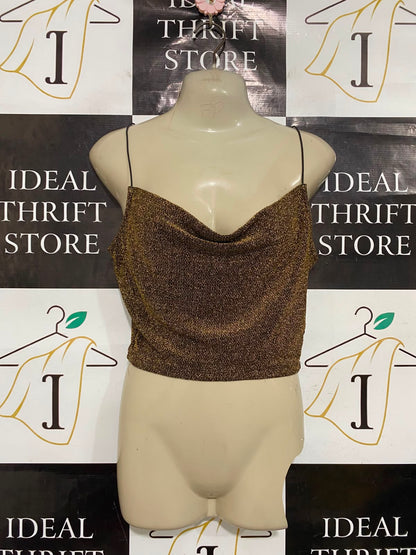 H&M |S| BUST 16| A37| BRONZE GLITTER COWL NECK SPAGHETTI STRAP CROP TOP