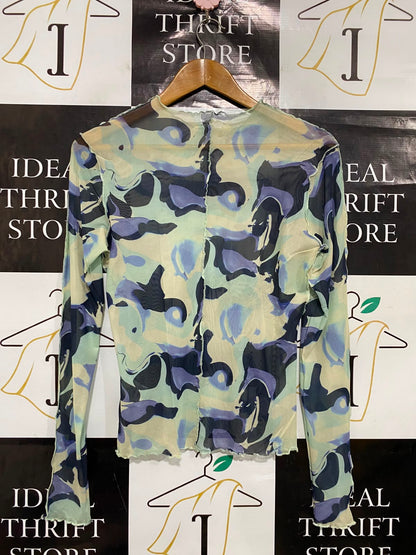 MONKL |M| BUST 17| A37| ABSTRACT BLUE & GREEN MESH LONG SLEEVE TOP