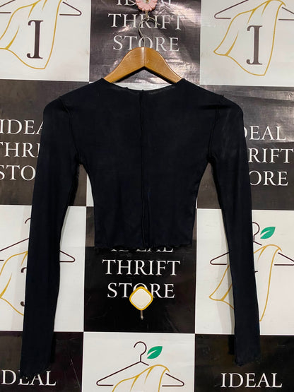 GEORGE |XS| BUST 11| A37| G21 BLACK LETTUCE-EDGE LONG SLEEVE CROP TOP