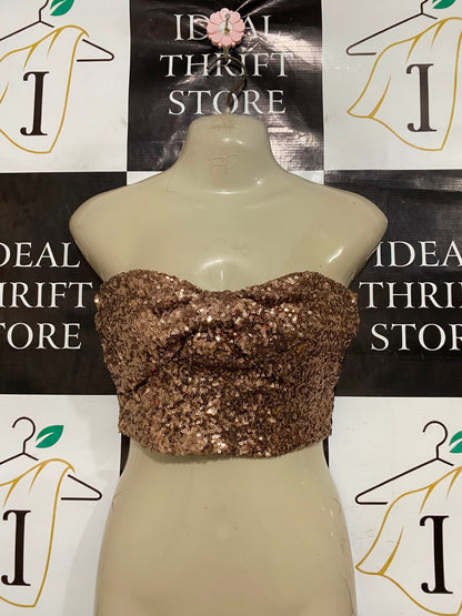 SELF |S| BUST 14| A37| ROSE GOLD SEQUIN BANDEAU KNOT CROP TOP