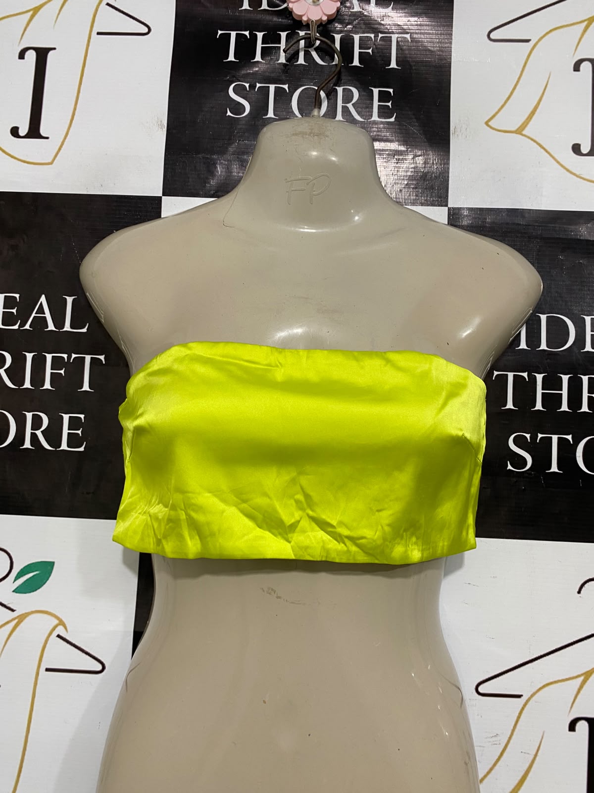 MESHKI |M| BUST 14| A37| NEON YELLOW SATIN STRAPLESS BANDEAU CROP TOP