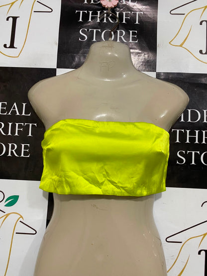 MESHKI |M| BUST 14| A37| NEON YELLOW SATIN STRAPLESS BANDEAU CROP TOP