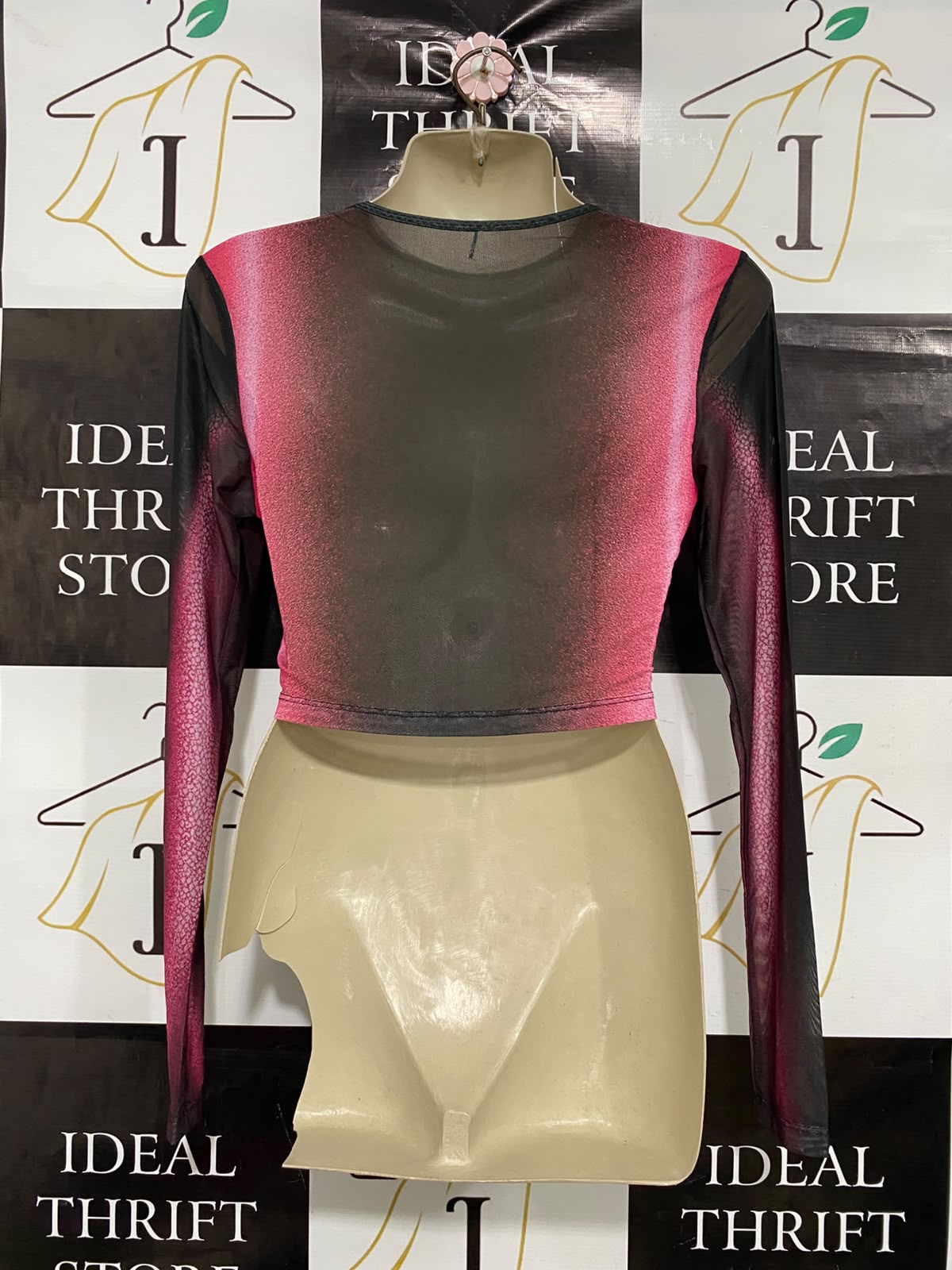 SHEIN |S| BUST 15| A37| PINK & BLACK OMBRE MESH LONG SLEEVE CROP TOP