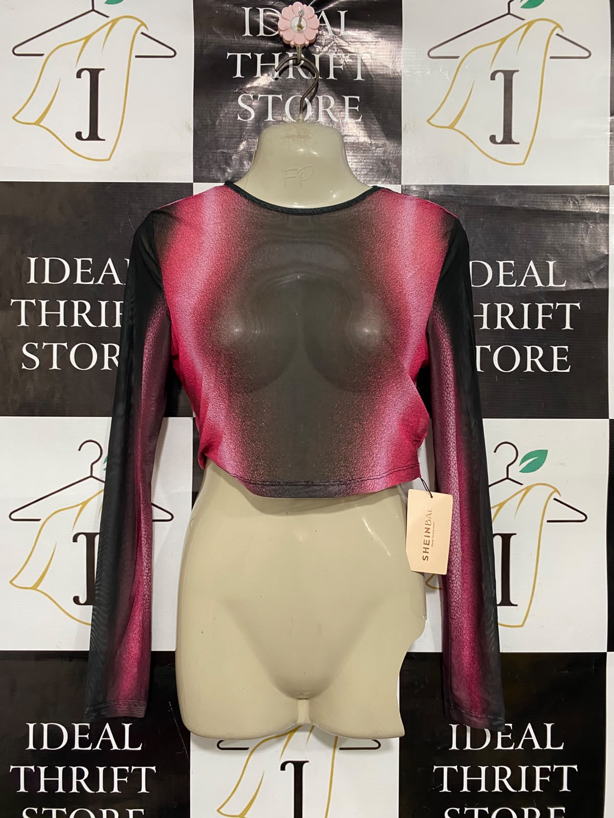 SHEIN |S| BUST 15| A37| PINK & BLACK OMBRE MESH LONG SLEEVE CROP TOP