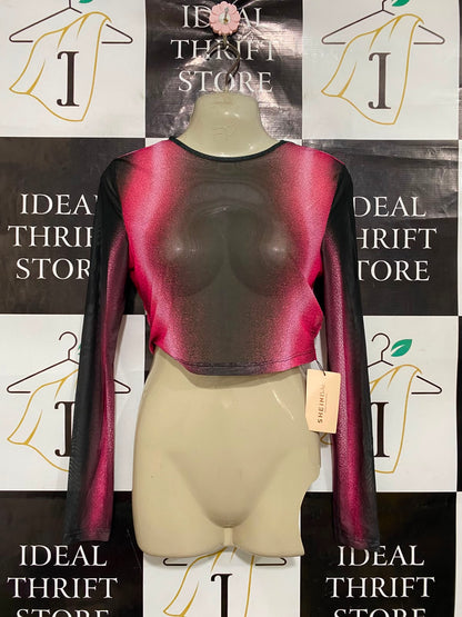 SHEIN |S| BUST 15| A37| PINK & BLACK OMBRE MESH LONG SLEEVE CROP TOP