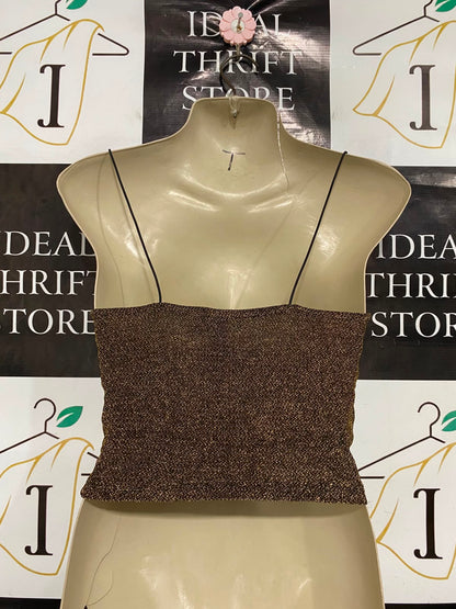 H&M |XS| BUST 15| A37| BRONZE GLITTER COWL NECK SPAGHETTI STRAP CROP TOP