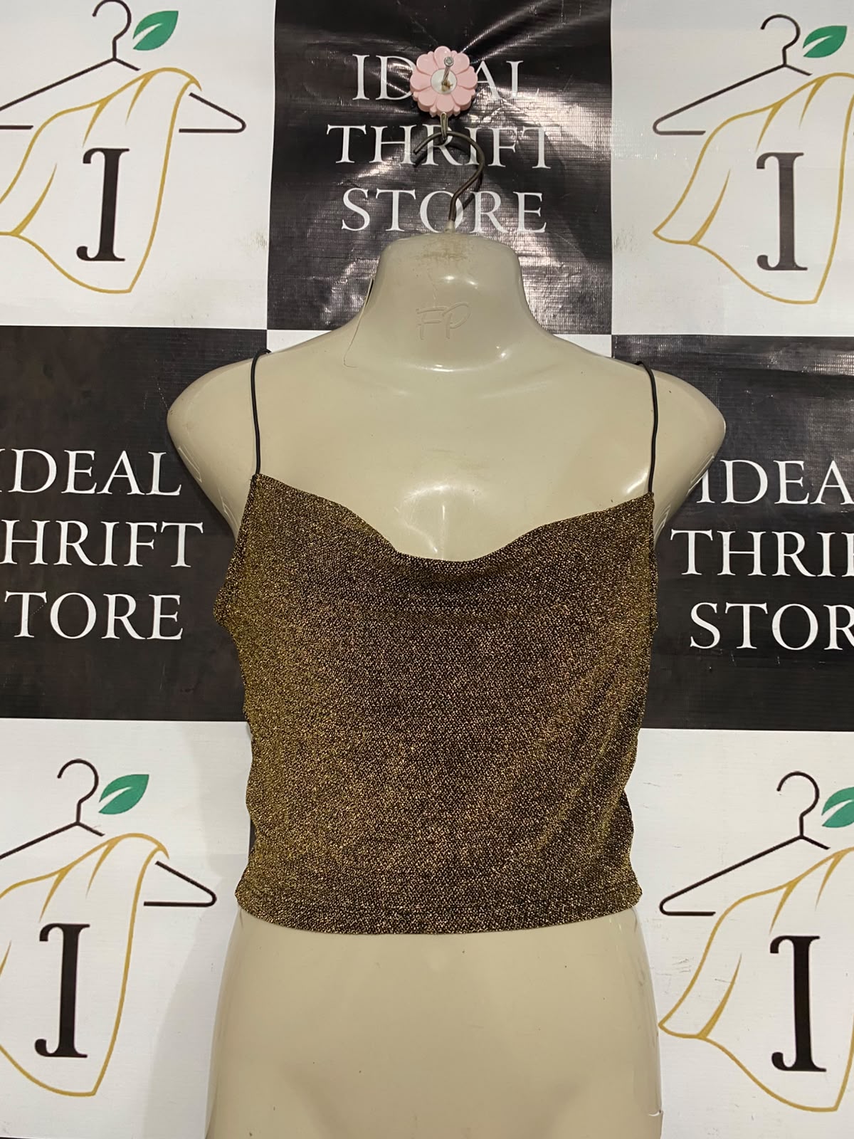 H&M |XS| BUST 15| A37| BRONZE GLITTER COWL NECK SPAGHETTI STRAP CROP TOP
