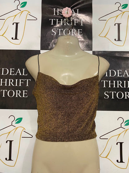 H&M |XS| BUST 15| A37| BRONZE GLITTER COWL NECK SPAGHETTI STRAP CROP TOP