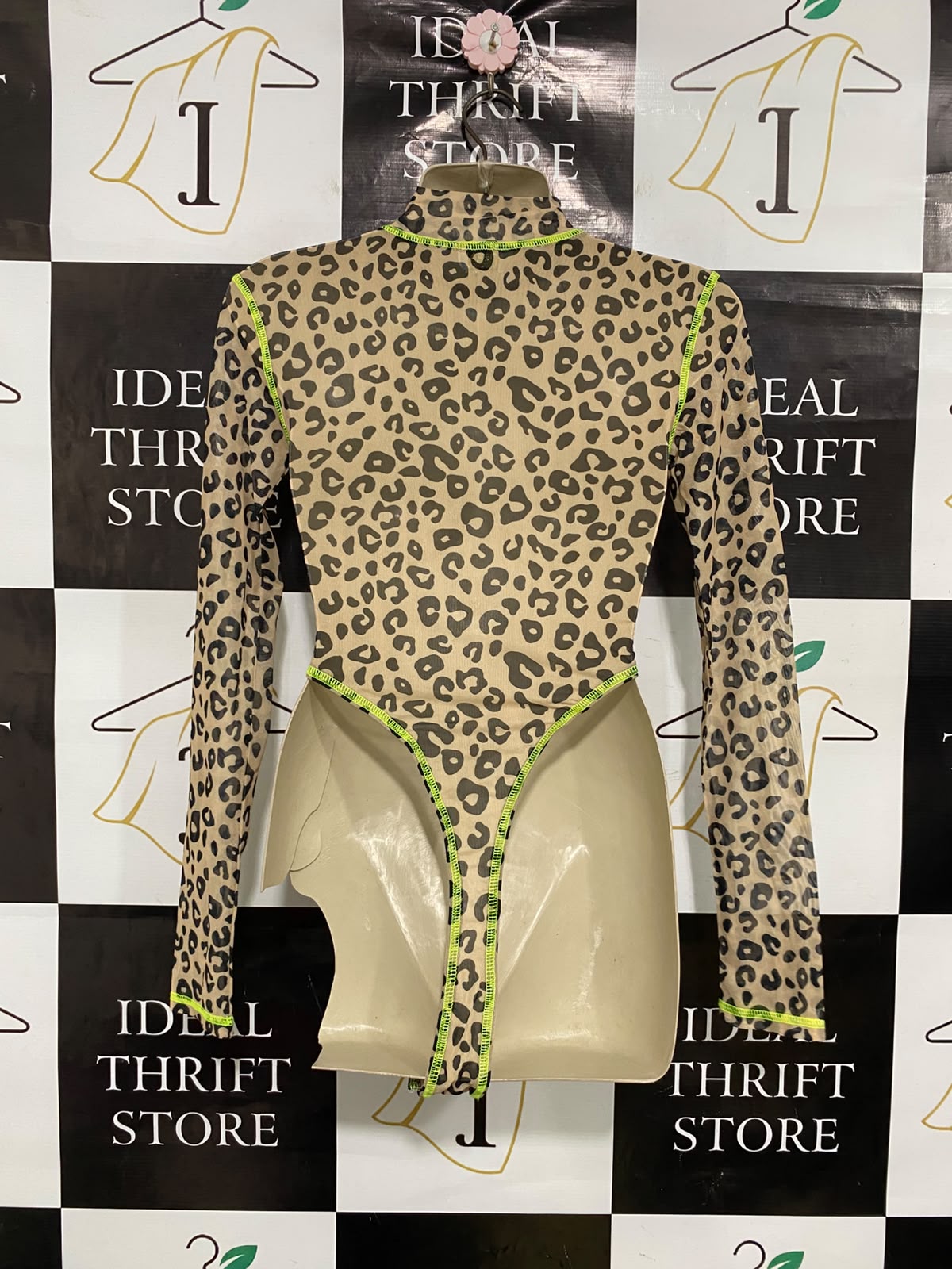 OH POLLY |XS| BUST 14| A37| LEOPARD PRINT MOCK NECK LONG SLEEVE THONG BODYSUIT WITH NEON STITCHING