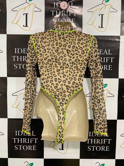 OH POLLY |XS| BUST 14| A37| LEOPARD PRINT MOCK NECK LONG SLEEVE THONG BODYSUIT WITH NEON STITCHING