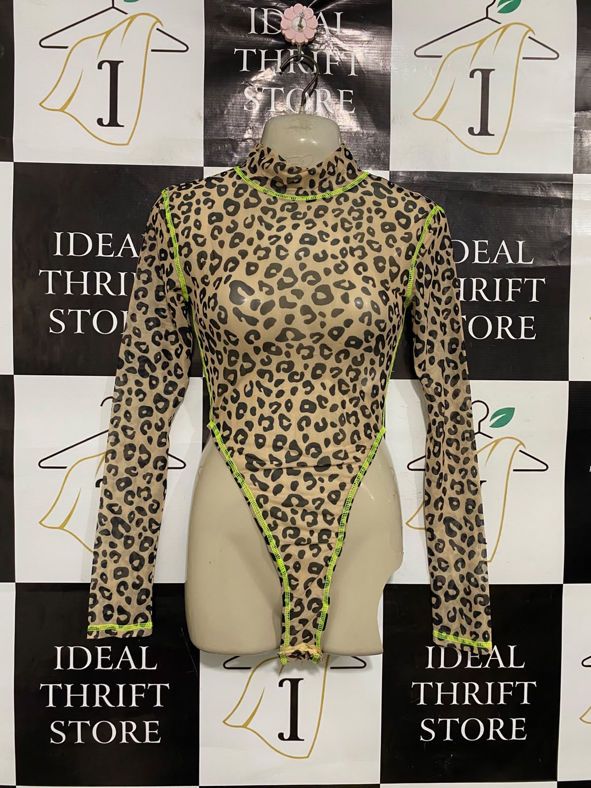 OH POLLY |XS| BUST 14| A37| LEOPARD PRINT MOCK NECK LONG SLEEVE THONG BODYSUIT WITH NEON STITCHING