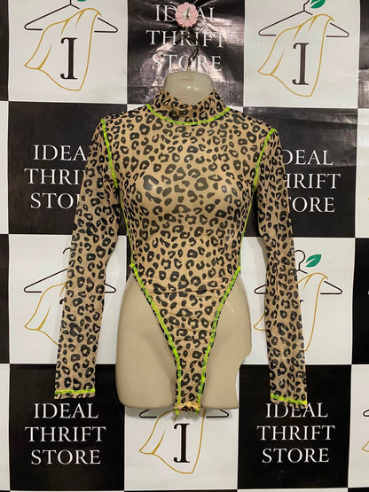 OH POLLY |XS| BUST 14| A37| LEOPARD PRINT MOCK NECK LONG SLEEVE THONG BODYSUIT WITH NEON STITCHING