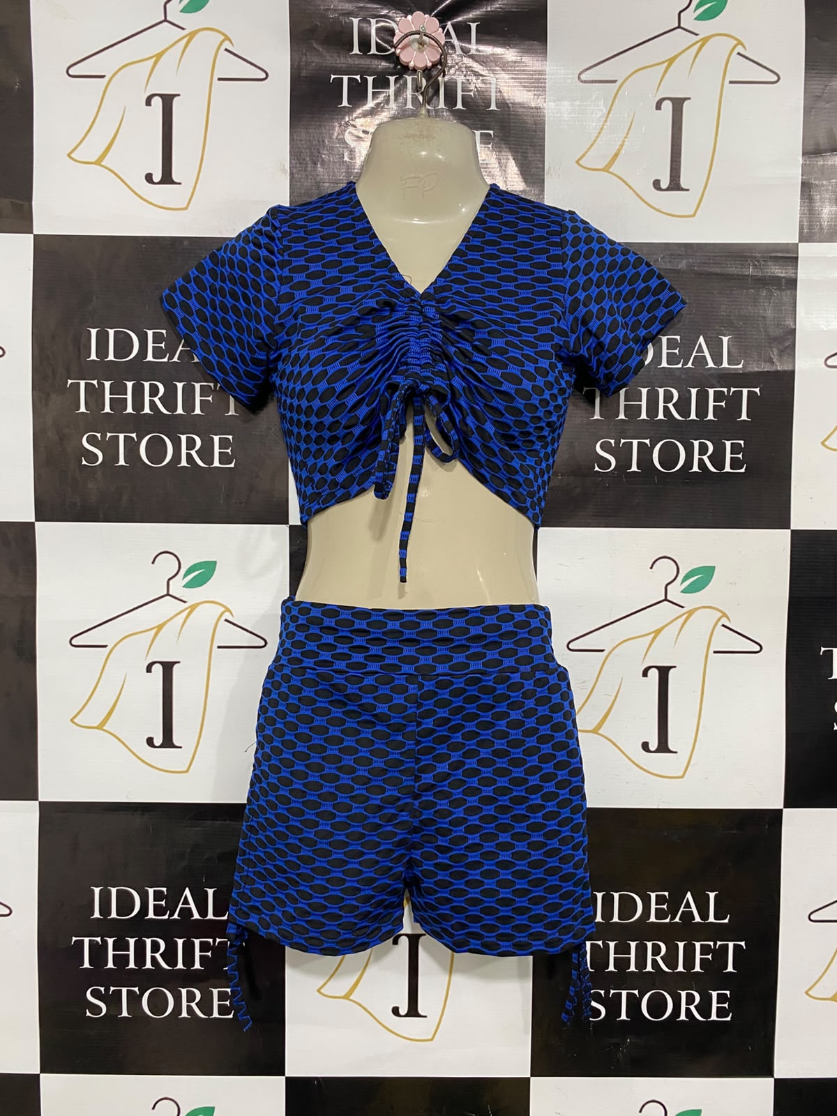 |L| A37| ROYAL BLUE & BLACK BUBBLE TEXTURE CROP TOP AND SHORTS LOUNGE SET