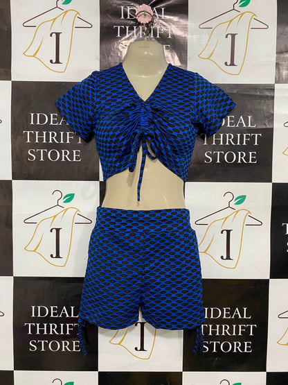 |L| A37| ROYAL BLUE & BLACK BUBBLE TEXTURE CROP TOP AND SHORTS LOUNGE SET