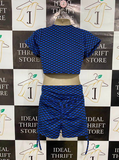 |L| A37| ROYAL BLUE & BLACK BUBBLE TEXTURE CROP TOP AND SHORTS LOUNGE SET
