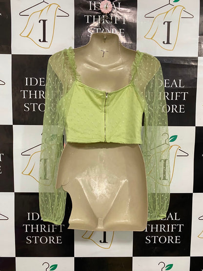 IRIS |S| BUST 15| A37| PISTACHIO GREEN SWISS-DOT MESH CORSET CROP TOP