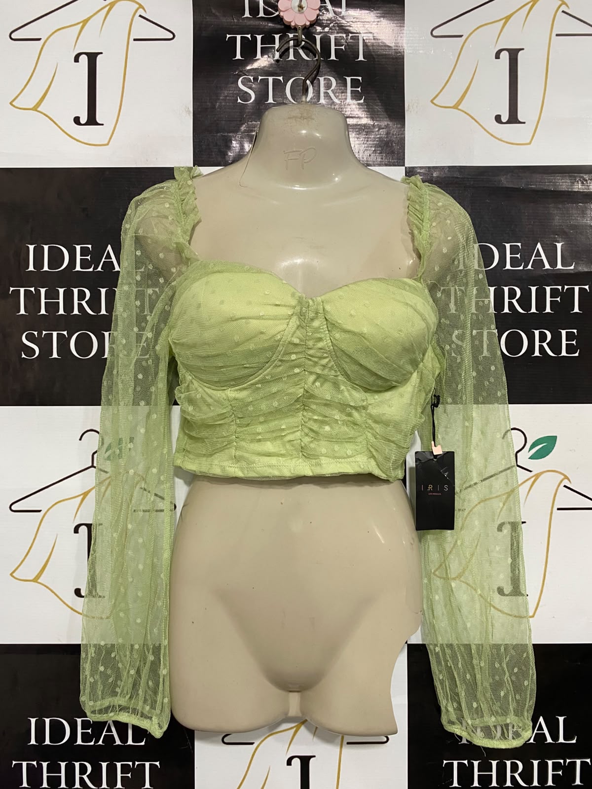 IRIS |S| BUST 15| A37| PISTACHIO GREEN SWISS-DOT MESH CORSET CROP TOP
