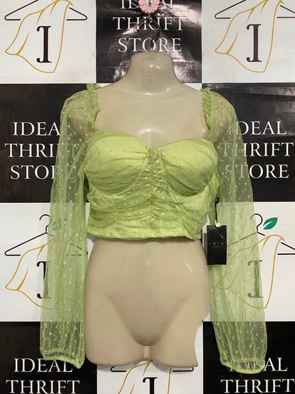 IRIS |S| BUST 15| A37| PISTACHIO GREEN SWISS-DOT MESH CORSET CROP TOP