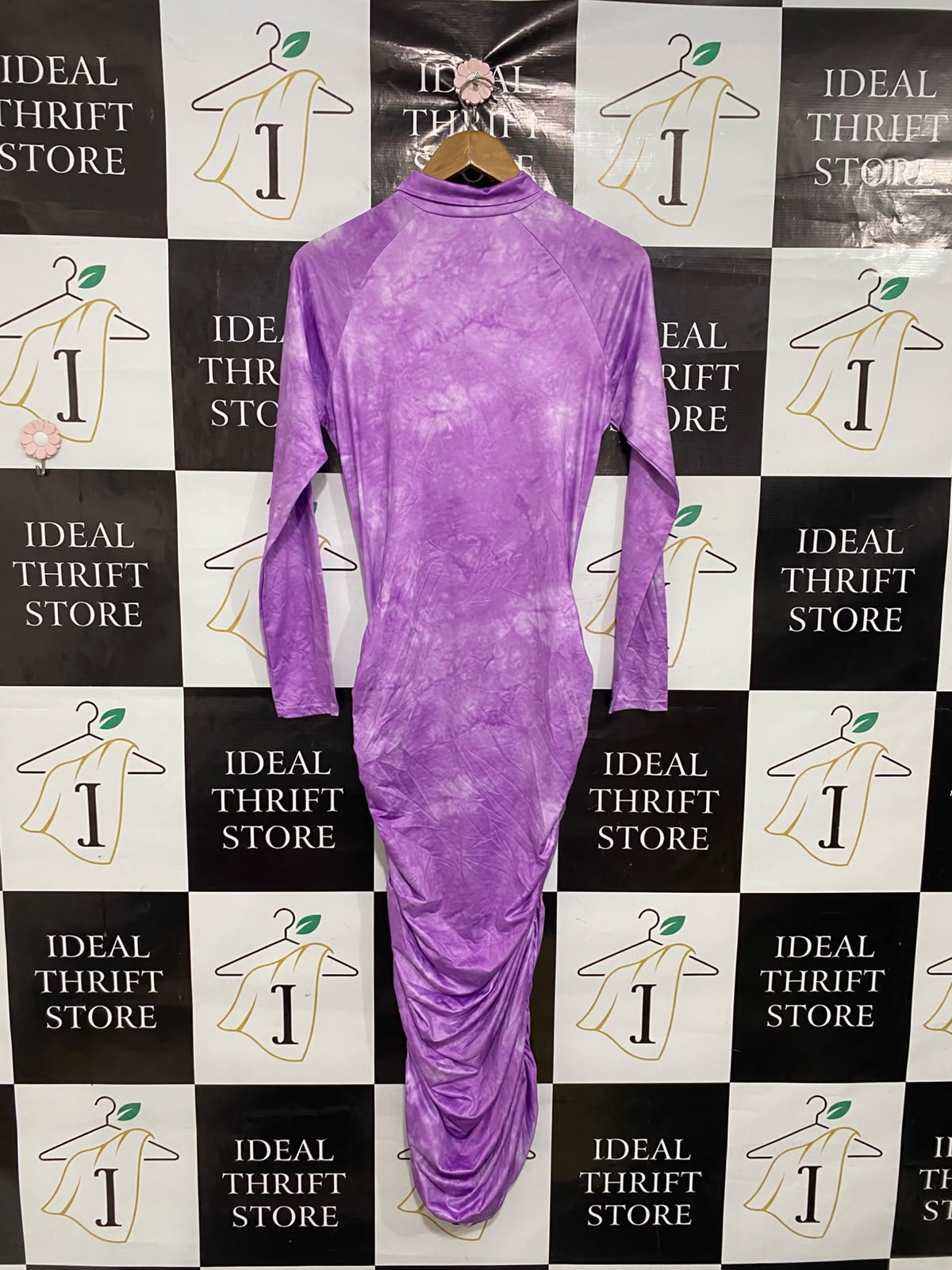 |L| BUST 17| A37| PURPLE TIE-DYE MOCK NECK LONG SLEEVE RUCHED MIDI DRESS