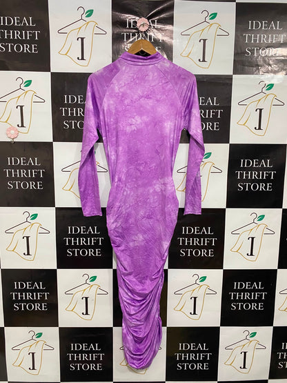 |L| BUST 17| A37| PURPLE TIE-DYE MOCK NECK LONG SLEEVE RUCHED MIDI DRESS