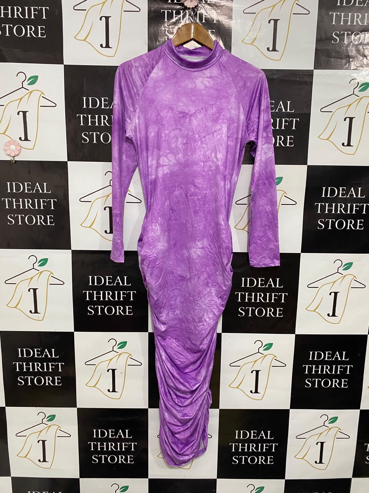 |L| BUST 17| A37| PURPLE TIE-DYE MOCK NECK LONG SLEEVE RUCHED MIDI DRESS