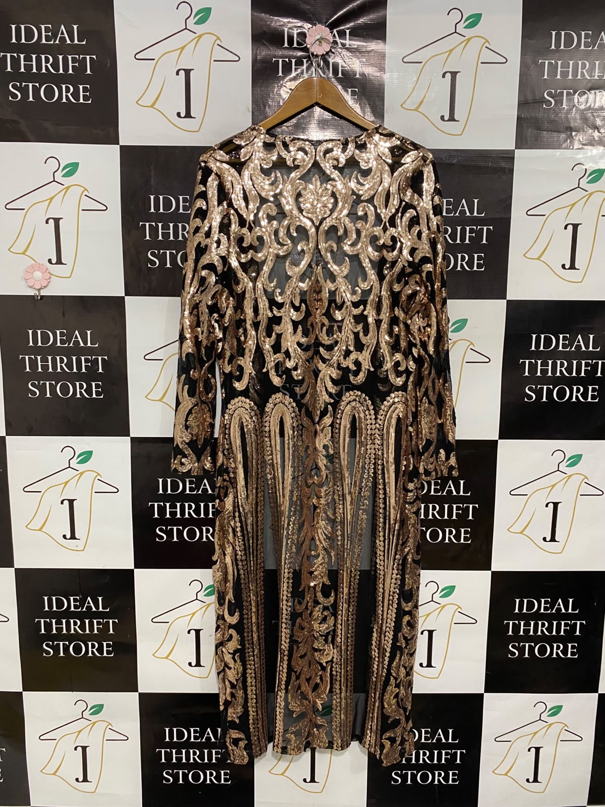 |L| BUST 20| A37| BLACK & ROSE GOLD BAROQUE SEQUIN SHEER MIDI KIMONO CARDIGAN