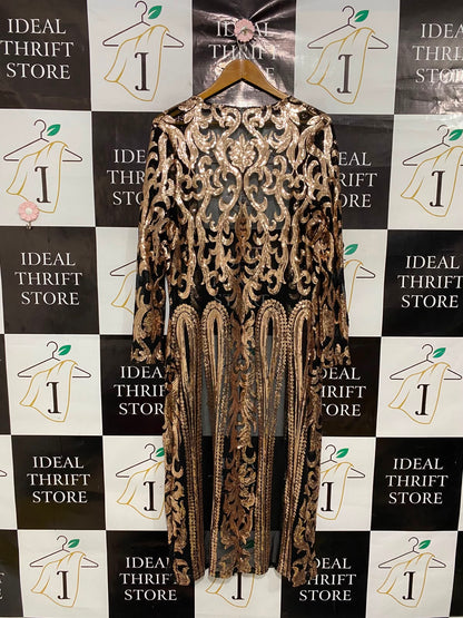 |L| BUST 20| A37| BLACK & ROSE GOLD BAROQUE SEQUIN SHEER MIDI KIMONO CARDIGAN