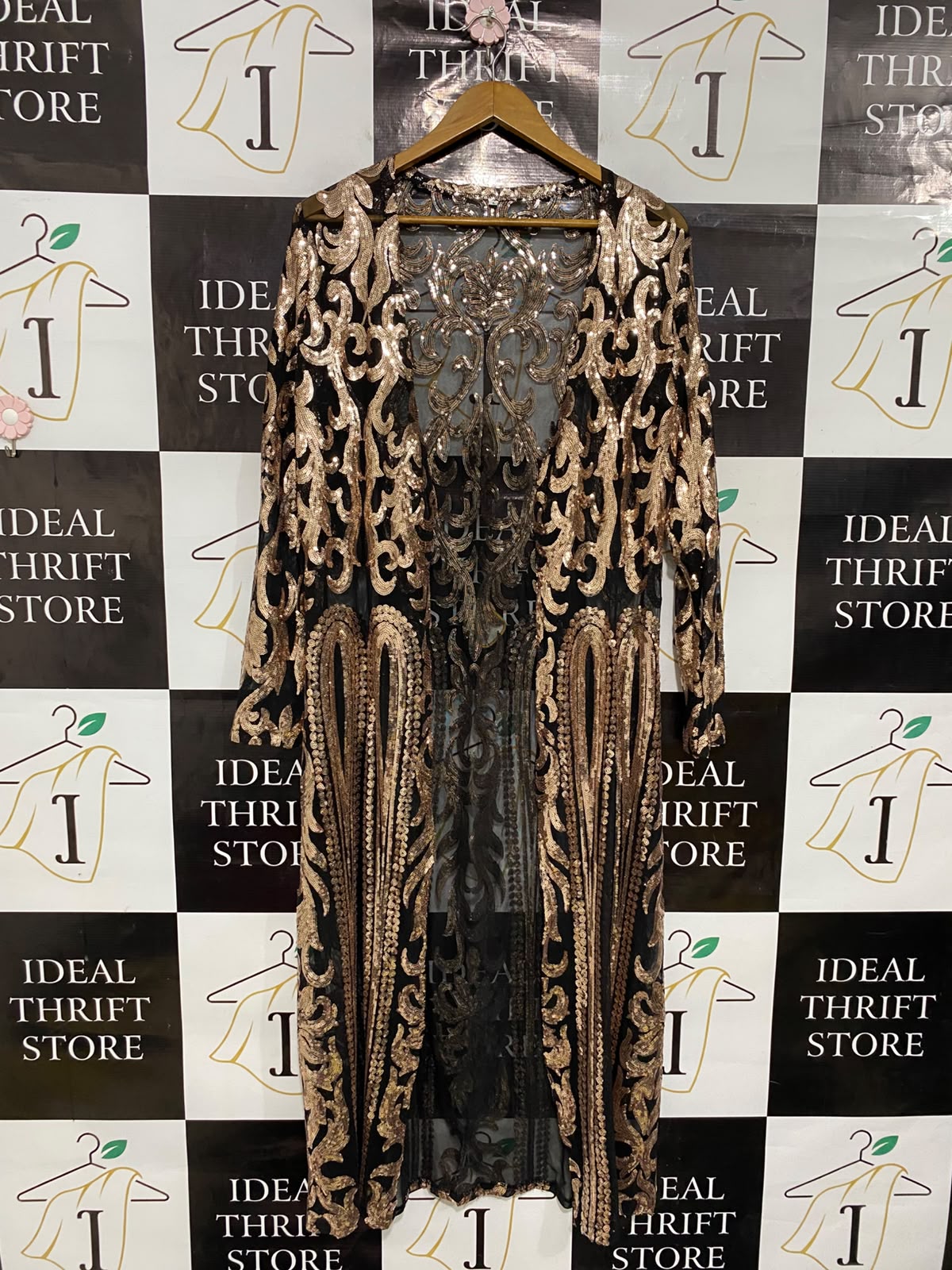 |L| BUST 20| A37| BLACK & ROSE GOLD BAROQUE SEQUIN SHEER MIDI KIMONO CARDIGAN