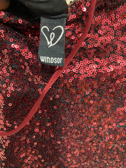 WINDSOR |S| BUST 15| A37| CRIMSON RED SEQUIN SPAGHETTI STRAP FORMAL MIDI DRESS